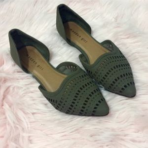 green pointed toe flats